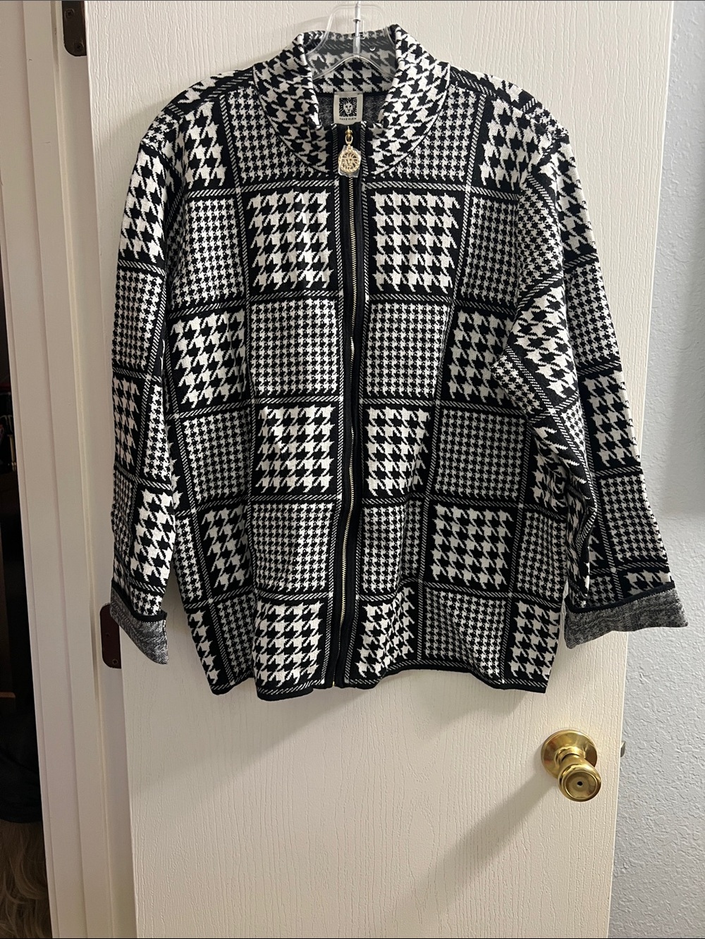 Anne Klein Black and White Houndstooth Zip Bomber Jacket